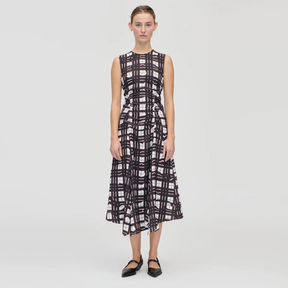 Stine Goya Gathered Midi Dress in Burgundy Checkered Wave, size Small